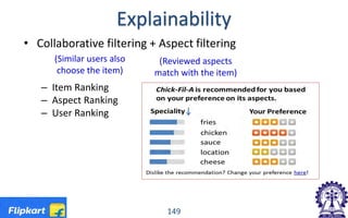 Explainability
• Collaborative filtering + Aspect filtering
– Item Ranking
– Aspect Ranking
– User Ranking
(Similar users also
choose the item)
(Reviewed aspects
match with the item)
149
 