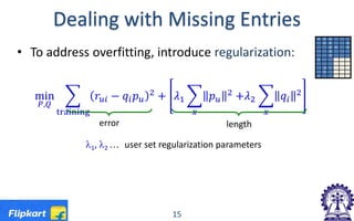 Dealing with Missing Entries
• To address overfitting, introduce regularization:
min
𝑃𝑃,𝑄𝑄
� 𝑟𝑟𝑢𝑢𝑢𝑢 − 𝑞𝑞𝑖𝑖 𝑝𝑝𝑢𝑢
2
training
+ 𝜆𝜆1 � 𝑝𝑝𝑢𝑢
2
+𝜆𝜆2 � 𝑞𝑞𝑖𝑖
2
𝑥𝑥𝑥𝑥
15
1 3 4
3 5 5
4 5 5
3
3
2 ? ?
?
2 1 ?
3 ?
1
error length
λ1, λ2 … user set regularization parameters
 