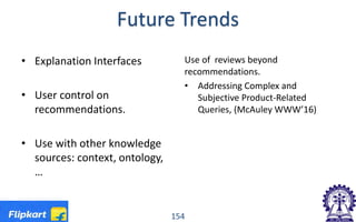 Future Trends
• Explanation Interfaces
• User control on
recommendations.
• Use with other knowledge
sources: context, ontology,
…
Use of reviews beyond
recommendations.
• Addressing Complex and
Subjective Product-Related
Queries, (McAuley WWW’16)
154
 