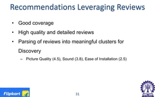 Recommendations Leveraging Reviews
• Good coverage
• High quality and detailed reviews
• Parsing of reviews into meaningful clusters for
Discovery
– Picture Quality (4.5), Sound (3.8), Ease of Installation (2.5)
31
 