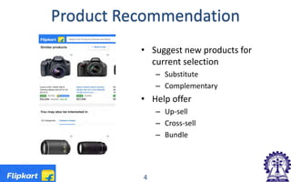 Product Recommendation
• Suggest new products for
current selection
– Substitute
– Complementary
• Help offer
– Up-sell
– Cross-sell
– Bundle
4
 