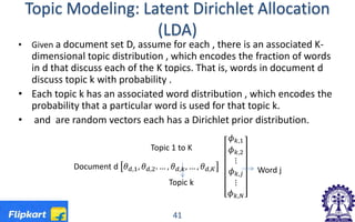 Topic Modeling: Latent Dirichlet Allocation
(LDA)
41
• Given a document set D, assume for each , there is an associated K-
dimensional topic distribution , which encodes the fraction of words
in d that discuss each of the K topics. That is, words in document d
discuss topic k with probability .
• Each topic k has an associated word distribution , which encodes the
probability that a particular word is used for that topic k.
• and are random vectors each has a Dirichlet prior distribution.
Document d 𝜃𝜃𝑑𝑑,1, 𝜃𝜃𝑑𝑑,2. … , 𝜃𝜃𝑑𝑑,𝑘𝑘, … , 𝜃𝜃𝑑𝑑,𝐾𝐾
𝜙𝜙𝑘𝑘,1
𝜙𝜙𝑘𝑘,2
⋮
𝜙𝜙𝑘𝑘,𝑗𝑗
⋮
𝜙𝜙𝑘𝑘,𝑁𝑁
Topic 1 to K
Topic k
Word j
 