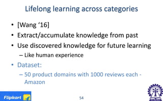 Lifelong learning across categories
• [Wang ‘16]
• Extract/accumulate knowledge from past
• Use discovered knowledge for future learning
– Like human experience
• Dataset:
– 50 product domains with 1000 reviews each -
Amazon
54
 