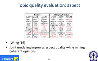 Topic quality evaluation: aspect
• [Wang ‘16]
• Joint modeling improves aspect quality while mining
coherent opinions
57
 