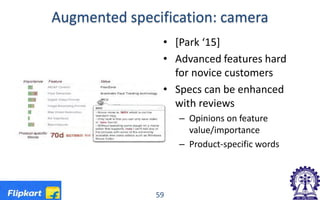 Augmented specification: camera
• [Park ‘15]
• Advanced features hard
for novice customers
• Specs can be enhanced
with reviews
– Opinions on feature
value/importance
– Product-specific words
59
 