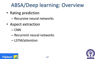 ABSA/Deep learning: Overview
• Rating prediction
– Recursive neural networks
• Aspect extraction
– CNN
– Recurrent neural networks
– LSTM/attention
67
 