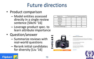 Future directions
• Product comparison
– Model entities assessed
directly in a single review
sentence [Sikchi ‘16]
– Leverage product spec. to
learn attribute importance
• Question/answer
– Summarize reviews with
real-world questions
– Rerank initial candidates
for diversity [Liu ‘16]
79
 