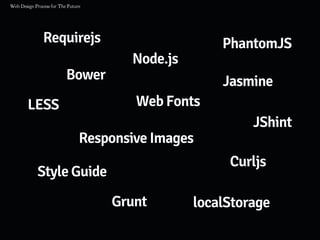 Requirejs
LESS
Bower
Node.js
PhantomJS
Web Fonts
Grunt
Responsive Images
Style Guide
JShint
localStorage
Jasmine
Curljs
 