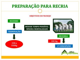 PREPARAÇÃO PARA RECRIA
OBJETIVOS DO MANEJO
BEZERRO

MENOR TEMPO POSSÍVEL
MÍNIMA MORTALIDADE
TERMINAÇÃO
BEZERRA

330 a
350Kg

300 Kg
1ª CONCEPÇÃO

 