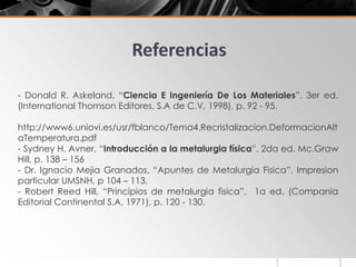 Referencias
- Donald R. Askeland, “Ciencia E Ingeniería De Los Materiales”. 3er ed.
(International Thomson Editores, S.A de C.V, 1998), p. 92 - 95.
http://www6.uniovi.es/usr/fblanco/Tema4.Recristalizacion.DeformacionAlt
aTemperatura.pdf
- Sydney H. Avner, “Introducción a la metalurgia física”. 2da ed. Mc.Graw
Hill, p. 138 – 156
- Dr. Ignacio Mejia Granados, “Apuntes de Metalurgia Fisica”, Impresion
particular UMSNH, p 104 – 113.
- Robert Reed Hill, “Principios de metalurgia fisica”, 1a ed. (Compania
Editorial Continental S.A, 1971), p. 120 - 130.
 
