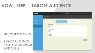 HOW : STEP – TARGET AUDIENCE 
•FIX COST PER CLICK 
•REACH AUDIENCE BASED ON INTERESTS AND SKILLS  