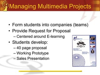 Managing Multimedia Projects Form students into companies (teams) Provide Request for Proposal Centered around E-learning Students develop: 40 page proposal Working Prototype Sales Presentation