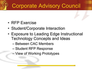 Corporate Advisory Council RFP Exercise Student/Corporate Interaction Exposure to Leading Edge Instructional Technology Concepts and Ideas Between CAC Members Student RFP Response View of Working Prototypes