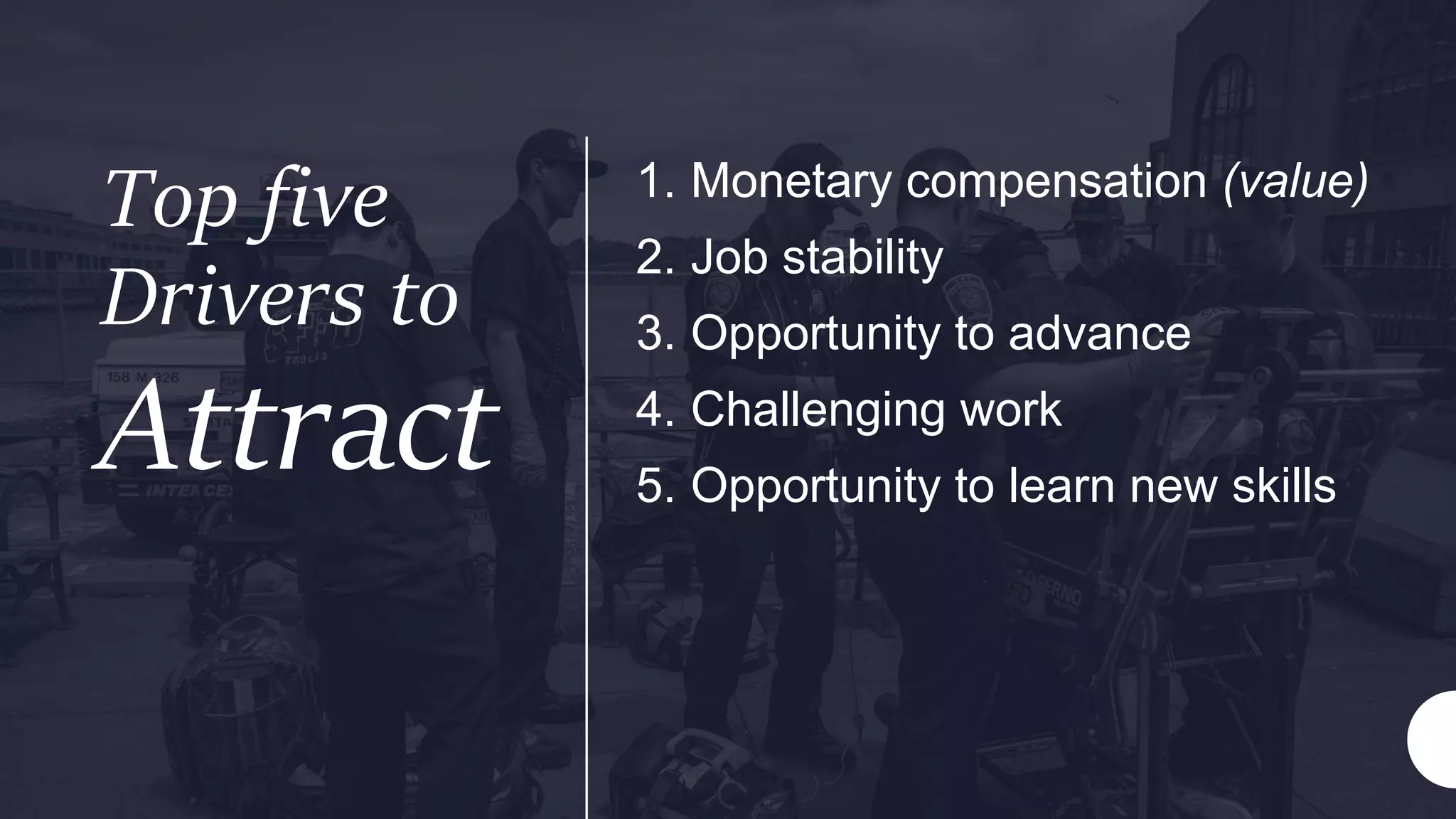Top five
Drivers to
Attract
1. Monetary compensation (value)
2. Job stability
3. Opportunity to advance
4. Challenging work
5. Opportunity to learn new skills
 