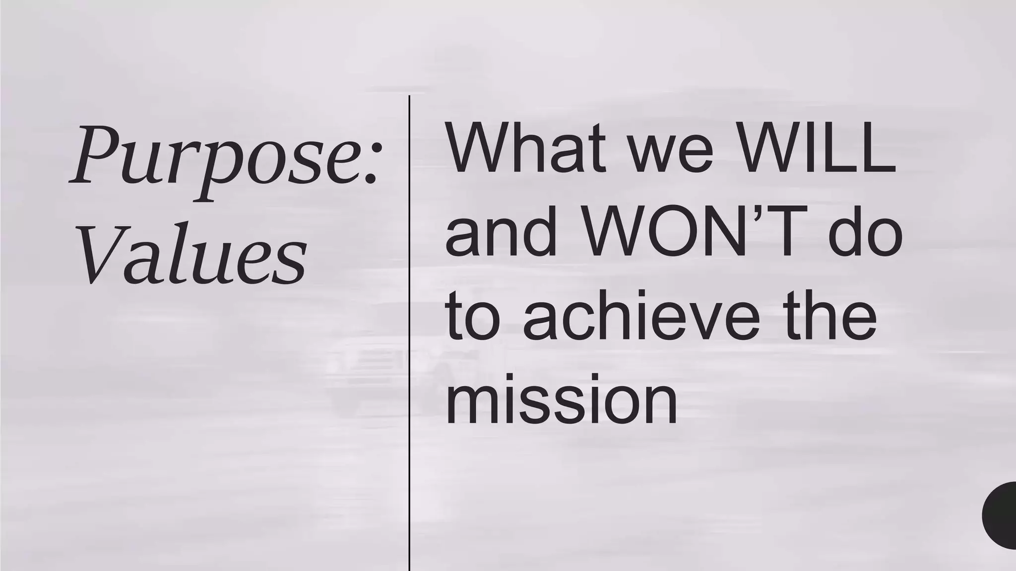 Purpose:
Values
What we WILL
and WON’T do
to achieve the
mission
 