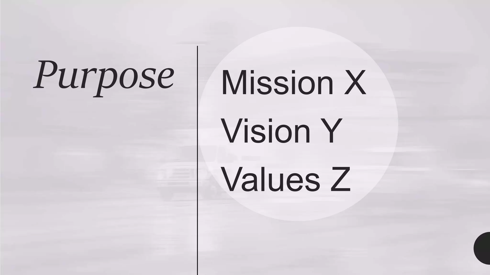 Purpose Mission X
Vision Y
Values Z
 