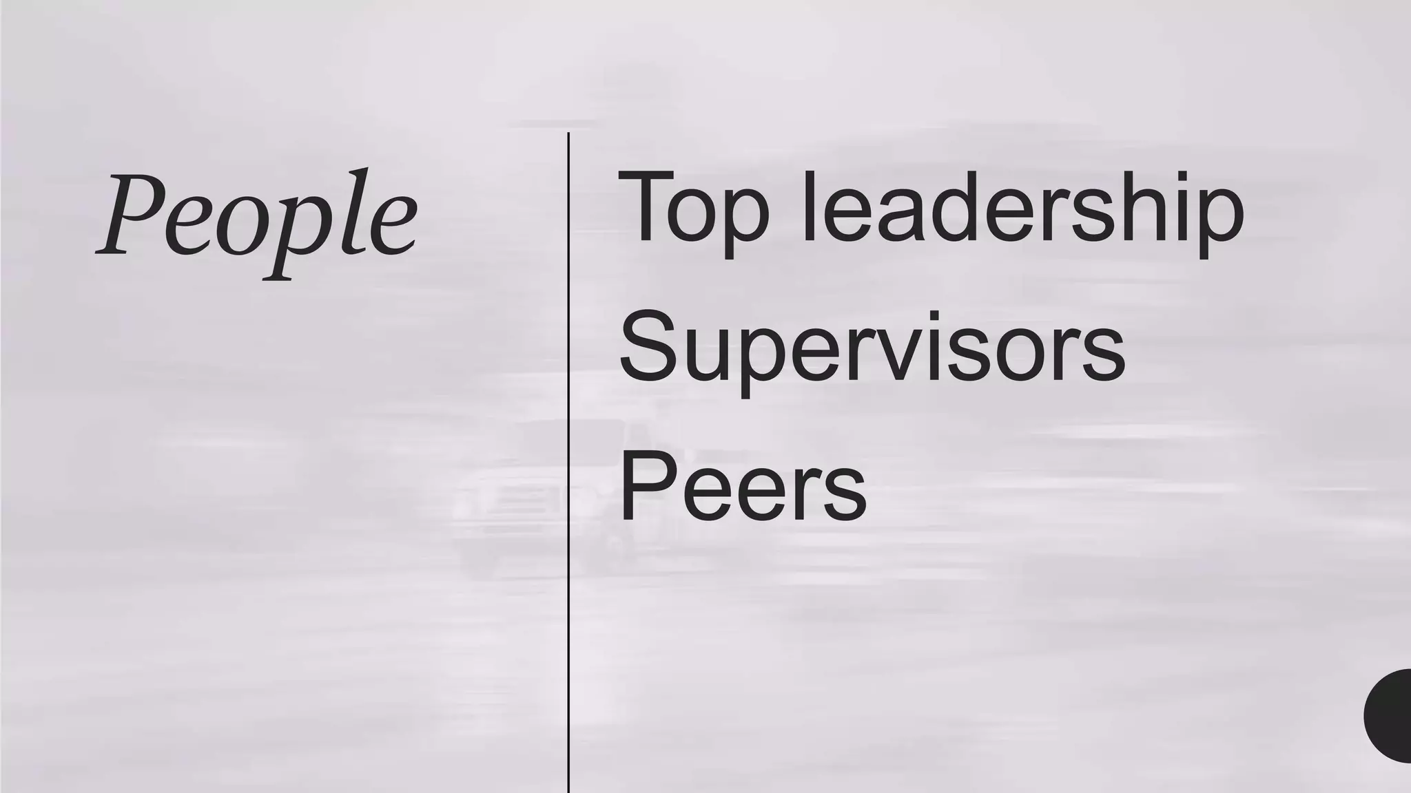 People Top leadership
Supervisors
Peers
 