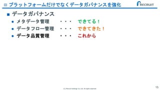 (C) Recruit Holdings Co.,Ltd. All rights reserved.
プラットフォームだけでなくデータガバナンスを強化
■ データガバナンス
● メタデータ管理 ・・・ できてる！
● データフロー管理 ・・・ できてきた！
● データ品質管理 ・・・ これから
15
 
