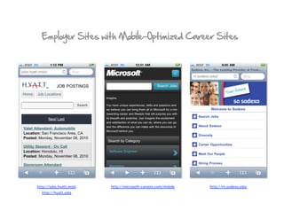 Employer Sites with Mobile-Optimized Career Sites




http://jobs.hyatt.mobi   http://microsoft-careers.com/mobile   http://m.sodexo.jobs
   http://hyatt.jobs
 
