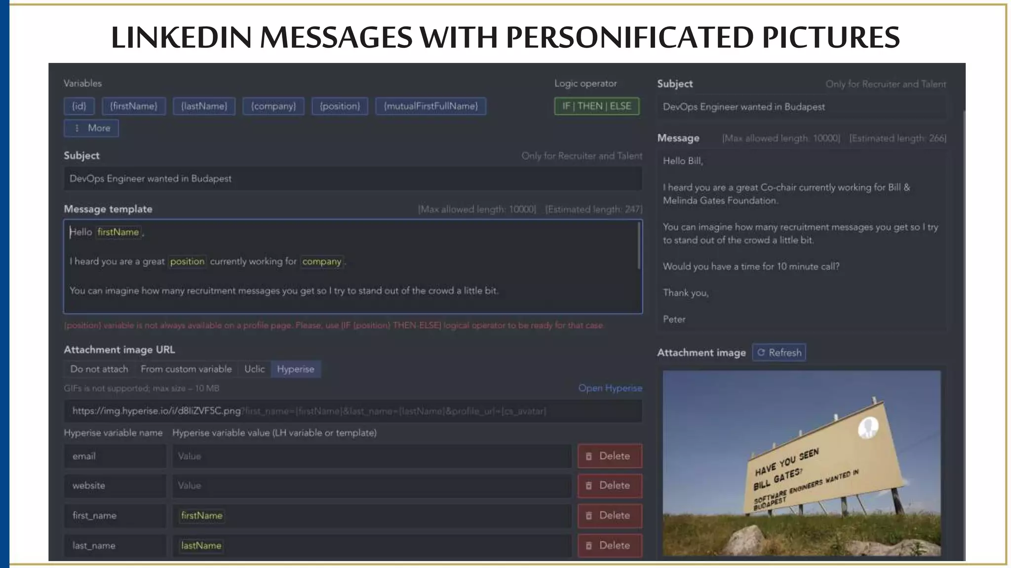 LINKEDIN MESSAGES WITH PERSONIFICATED PICTURES
WITH LINKEDHELPERV2+ HYPERISE
 