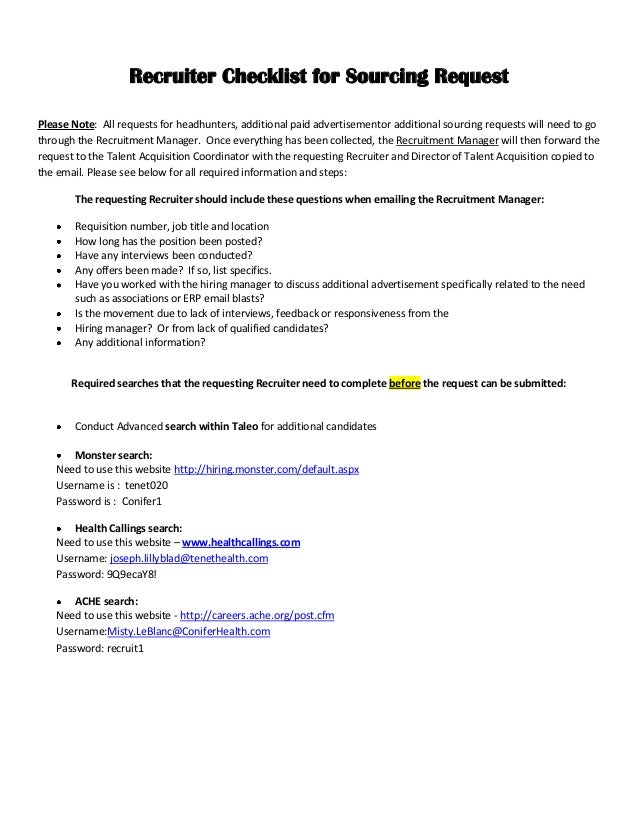 recruiter checklist for sourcing request job requesting email