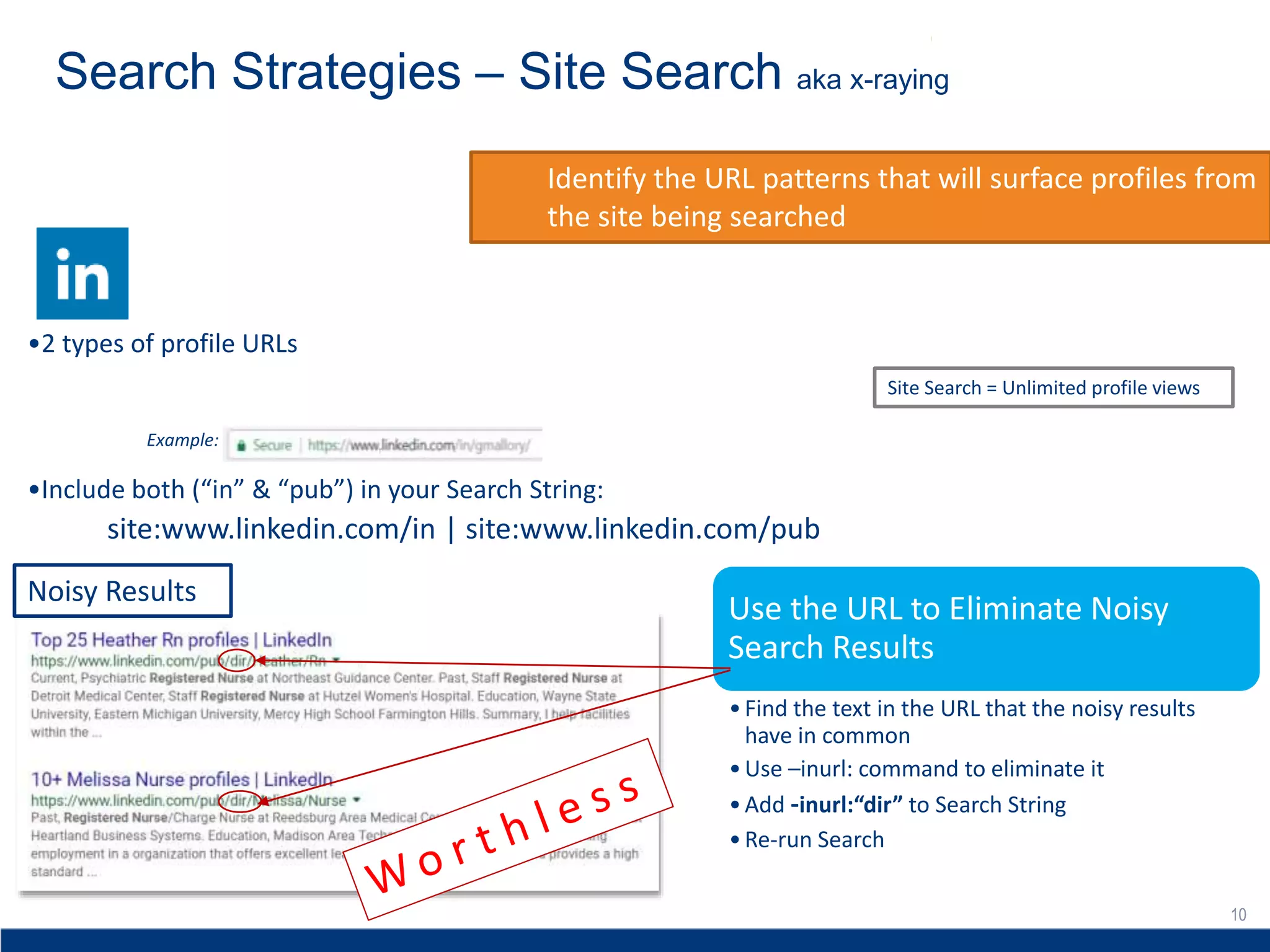 •2 types of profile URLs
•Include both (“in” & “pub”) in your Search String:
Example:
10
Search Strategies – Site Search aka x-raying
1010
Identify the URL patterns that will surface profiles from
the site being searched
Use the URL to Eliminate Noisy
Search Results
•Find the text in the URL that the noisy results
have in common
•Use –inurl: command to eliminate it
•Add -inurl:“dir” to Search String
•Re-run Search
Noisy Results
Site Search = Unlimited profile views
site:www.linkedin.com/in | site:www.linkedin.com/pub
 