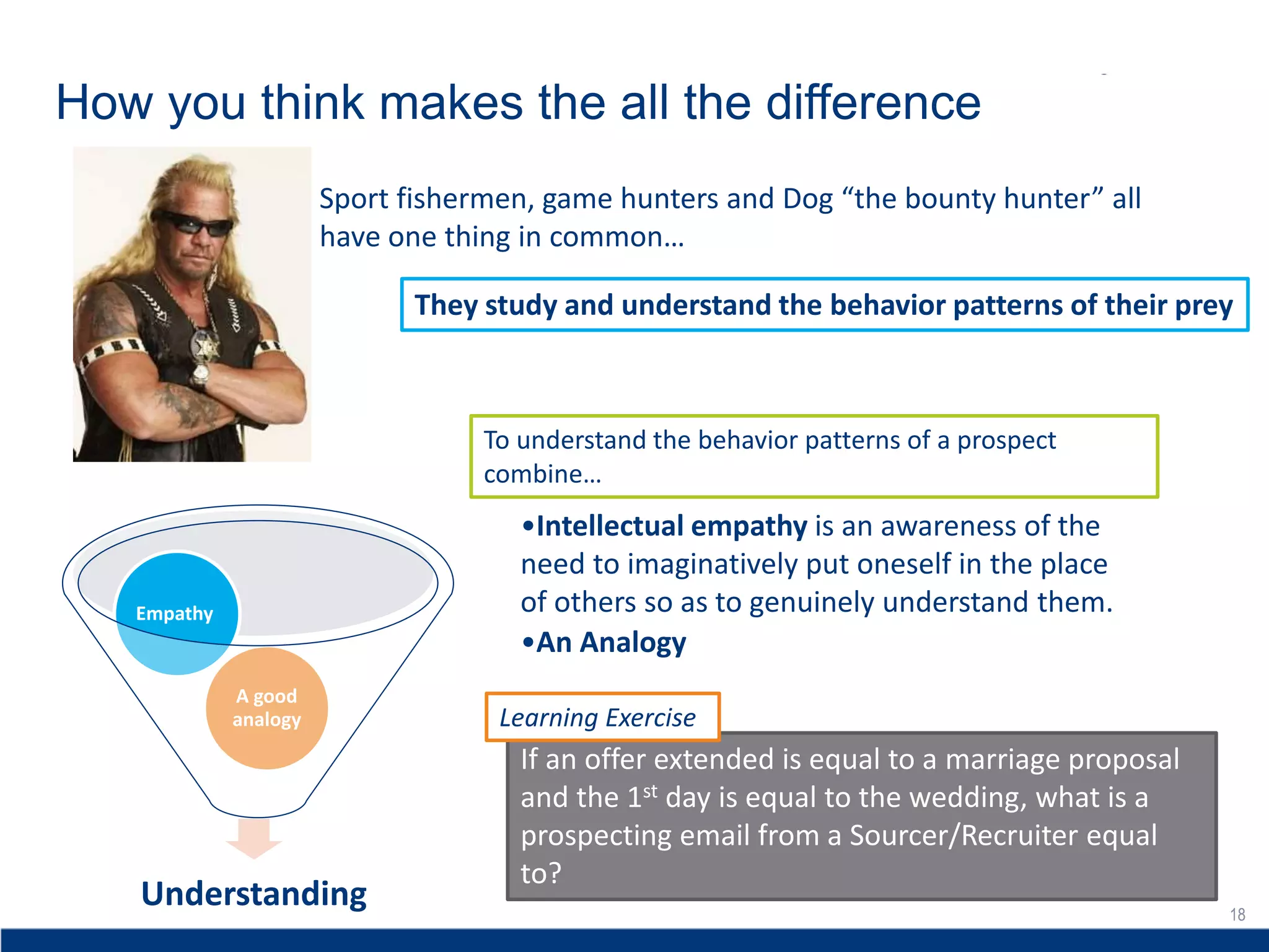 18
How you think makes the all the difference
Understanding
A good
analogy
Empathy
18
They study and understand the behavior patterns of their prey
Sport fishermen, game hunters and Dog “the bounty hunter” all
have one thing in common…
To understand the behavior patterns of a prospect
combine…
•Intellectual empathy is an awareness of the
need to imaginatively put oneself in the place
of others so as to genuinely understand them.
•An Analogy
If an offer extended is equal to a marriage proposal
and the 1st day is equal to the wedding, what is a
prospecting email from a Sourcer/Recruiter equal
to?
Learning Exercise
 