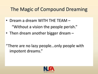 The Magic of Compound Dreaming
• Dream a dream WITH THE TEAM –
“Without a vision the people perish.”
• Then dream another bigger dream –
“There are no lazy people…only people with
impotent dreams.”
 