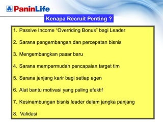 Kenapa Recruit Penting ?

1. Passive Income “Overriding Bonus” bagi Leader

2. Sarana pengembangan dan percepatan bisnis

3. Mengembangkan pasar baru

4. Sarana mempermudah pencapaian target tim

5. Sarana jenjang karir bagi setiap agen

6. Alat bantu motivasi yang paling efektif

7. Kesinambungan bisnis leader dalam jangka panjang

8. Validasi
 