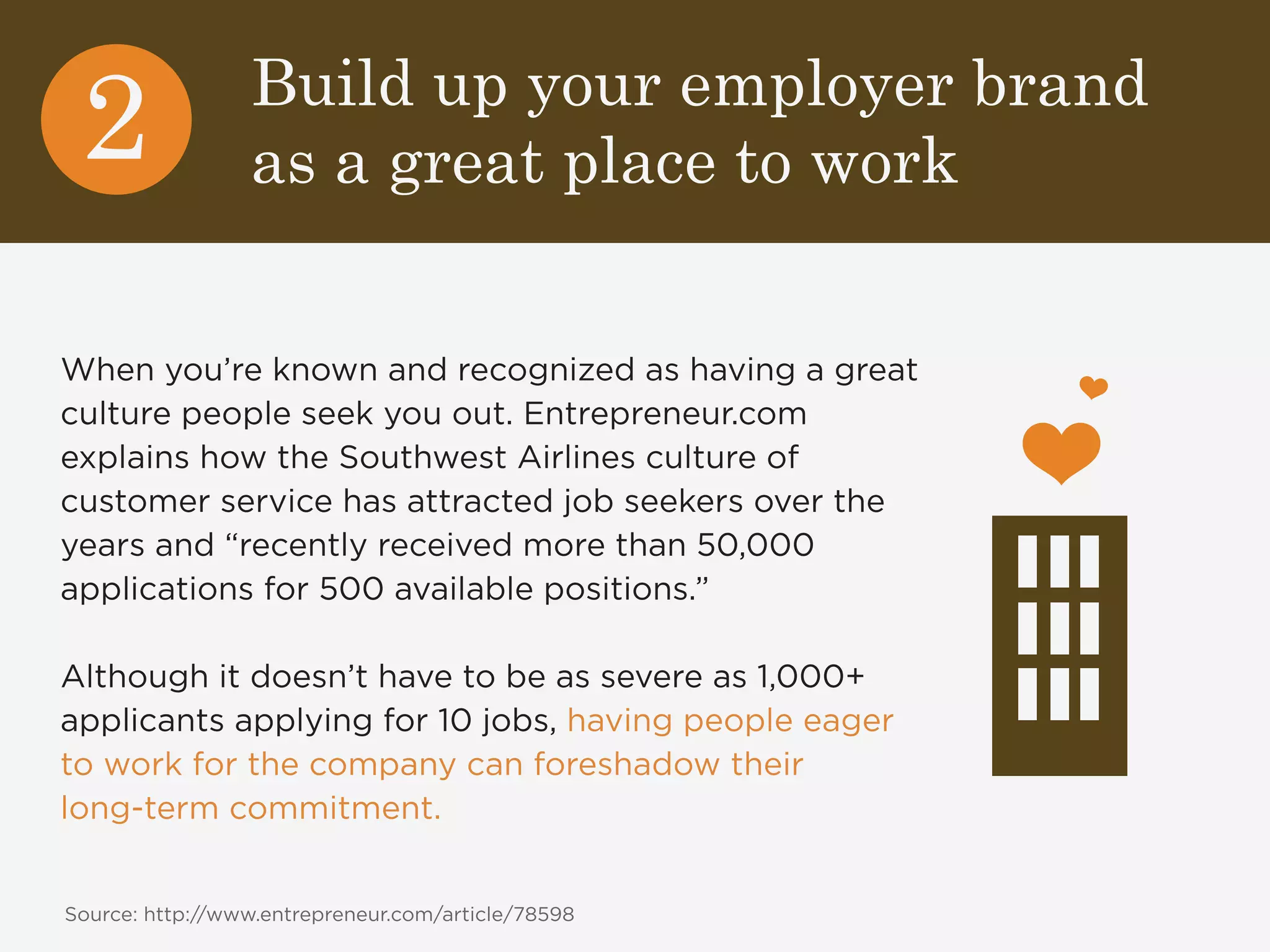 Build up your employer brand 
as a great place to work 2 
When you’re known and recognized as having a great 
culture people seek you out. Entrepreneur.com 
explains how the Southwest Airlines culture of 
customer service has attracted job seekers over the 
years and “recently received more than 50,000 
applications for 500 available positions.” 
Although it doesn’t have to be as severe as 1,000+ 
applicants applying for 10 jobs, having people eager 
to work for the company can foreshadow their 
long-term commitment. 
Source: http://www.entrepreneur.com/article/78598 
 