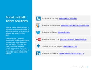 About LinkedIn
Talent Solutions
LinkedIn Talent Solutions offers a
full range of recruiting solutions to
help organizations of all sizes find,
engage, and attract the best
talent.
Founded in 2003, LinkedIn
connects the world’s professionals
to make them more productive
and successful. With over 300
million members worldwide,
including executives from every
Fortune 500 company, LinkedIn is
the world’s largest professional
network.
Subscribe to our Blog: talent.linkedin.com/blog/
Follow us on Slideshare: slideshare.net/linkedin-talent-solutions
Follow us on Twitter: @hireonlinkedin
Follow us on You Tube: youtube.com/user/LITalentSolutions
Discover additional insights: talent.linkedin.com
Follow us on LinkedIn: www.linkedin.com/company/1337
36Global RecruitingTrends
 