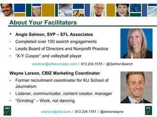 About Your Facilitators
 Angie Salmon, SVP – EFL Associates
- Completed over 100 search engagements
- Leads Board of Dire...