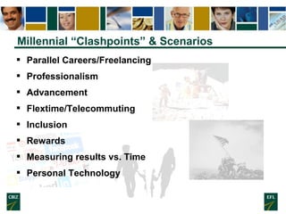 Millennial “Clashpoints” & Scenarios
 Parallel Careers/Freelancing
 Professionalism
 Advancement
 Flextime/Telecommuti...