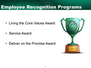 14
Employee Recognition Programs
• Living the Core Values Award
• Service Award
• Deliver on the Promise Award
 