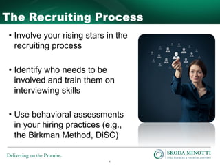 4
The Recruiting Process
• Involve your rising stars in the
recruiting process
• Identify who needs to be
involved and tra...
