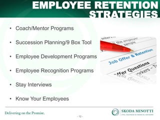 - 12 -
STRATEGIES
EMPLOYEE RETENTION
• Coach/Mentor Programs
• Succession Planning/9 Box Tool
• Employee Development Programs
• Employee Recognition Programs
• Stay Interviews
• Know Your Employees
 