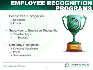 - 18 -
PROGRAMS
EMPLOYEE RECOGNITION
• Peer to Peer Recognition
 Notecards
 Emails
• Supervisor to Employee Recognition
 Team Meetings
 1:1 Sessions
• Company Recognition
 Company Newsletters
 Prizes
 Service Awards
 