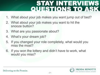 - 21 -
QUESTIONS TO ASK
STAY INTERVIEWS
1. What about your job makes you want jump out of bed?
2. What about your job makes you want to hit the
snooze button?
3. What are you passionate about?
4. What’s your dream job?
5. If you changed your role completely, what would you
miss the most?
6. If you won the lottery and didn’t have to work, what
would you miss?
 