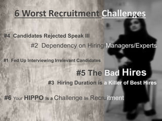#1 Fed Up Interviewing Irrelevant Candidates
#2 Dependency on Hiring Managers/Experts
#3 Hiring Duration is a Killer of Best Hires
#4 Candidates Rejected Speak Ill
#5 The Bad Hires
#6 Your HIPPO Is a Challenge In Recruitment
6 Worst Recruitment Challenges
 