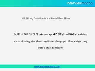 www.interviewmocha.com
#3 Hiring Duration is a Killer of Best Hires
68% of recruiters take average 42 days to hire a candidate
across all categories. Great candidates always get offers and you may
loose a great candidate.
 