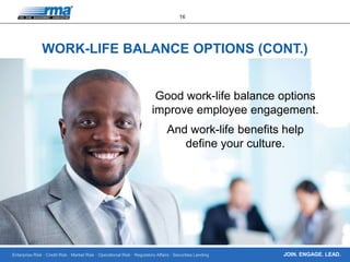 Enterprise Risk · Credit Risk · Market Risk · Operational Risk · Regulatory Affairs · Securities Lending
16
JOIN. ENGAGE. LEAD.
WORK-LIFE BALANCE OPTIONS (CONT.)
Good work-life balance options
improve employee engagement.
And work-life benefits help
define your culture.
 