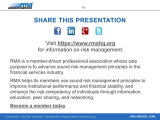 Enterprise Risk · Credit Risk · Market Risk · Operational Risk · Regulatory Affairs · Securities Lending
18
JOIN. ENGAGE. LEAD.
SHARE THIS PRESENTATION
Visit https://www.rmahq.org
for information on risk management.
RMA is a member-driven professional association whose sole
purpose is to advance sound risk management principles in the
financial services industry.
RMA helps its members use sound risk management principles to
improve institutional performance and financial stability, and
enhance the risk competency of individuals through information,
education, peer sharing, and networking.
Become a member today.
 