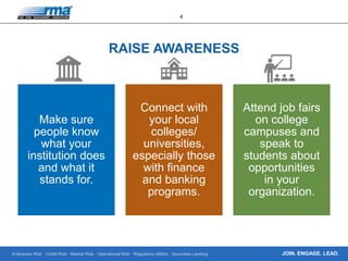 Enterprise Risk · Credit Risk · Market Risk · Operational Risk · Regulatory Affairs · Securities Lending
4
JOIN. ENGAGE. LEAD.
RAISE AWARENESS
Make sure
people know
what your
institution does
and what it
stands for.
Connect with
your local
colleges/
universities,
especially those
with finance
and banking
programs.
Attend job fairs
on college
campuses and
speak to
students about
opportunities
in your
organization.
 