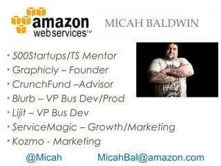 MICAH BALDWIN
• 500Startups/TS Mentor
• Graphicly – Founder
• CrunchFund –Advisor
• Blurb – VP Bus Dev/Prod
• Lijit – VP Bus Dev
• ServiceMagic – Growth/Marketing
• Kozmo - Marketing
@Micah MicahBal@amazon.com
 