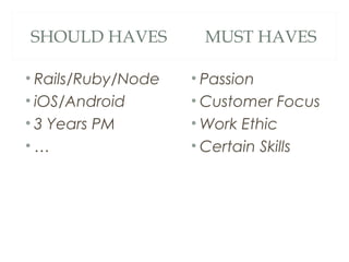 SHOULD HAVES MUST HAVES
• Rails/Ruby/Node
• iOS/Android
• 3 Years PM
• …
• Passion
• Customer Focus
• Work Ethic
• Certain Skills
 