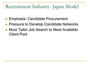 Recruitment Industry- Japan Model

   Emphasis: Candidate Procurement
   Pressure to Develop Candidate Networks
   Must Tailor Job Search to Meet Available
    Client Pool
 