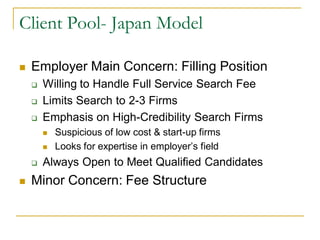 Client Pool- Japan Model

   Employer Main Concern: Filling Position
       Willing to Handle Full Service Search Fee
       Limits Search to 2-3 Firms
       Emphasis on High-Credibility Search Firms
           Suspicious of low cost & start-up firms
           Looks for expertise in employer’s field
       Always Open to Meet Qualified Candidates
   Minor Concern: Fee Structure
 