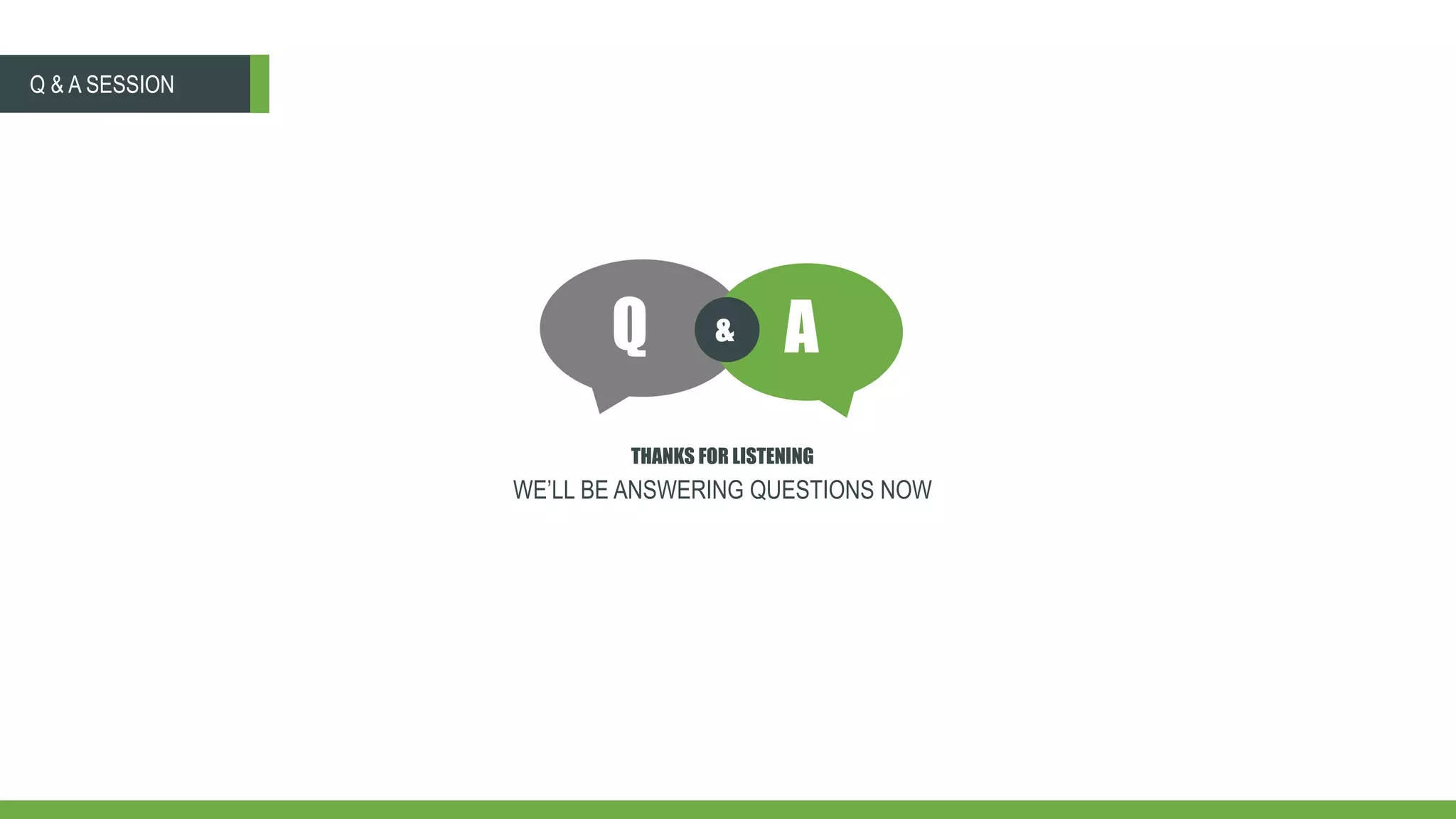 WE’LL BE ANSWERING QUESTIONS NOW
Q A&
THANKS FOR LISTENING
Q & A SESSION
 