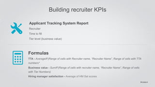 #intalent 
Building recruiter KPIs 
Applicant Tracking System Report 
Recruiter 
Time to fill 
Tier level (business value) 
Formulas 
TTA - AverageIF(Range of cells with Recruiter name, “Recruiter Name”, Range of cells with TTA 
numbers* 
Business value - SumIF(Range of cells with recruiter name, “Recruiter Name”, Range of cells 
with Tier Numbers) 
Hiring manager satisfaction - Average of HM Sat scores 
 