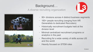 #intalent 
Background… 
A diverse recruiting organization 
• 90+ divisions across 4 distinct business segments 
• 160+ people recruiting (ranging from HR 
Generalists to dedicated Recruiters) 
• Historically recruitment budgets held at the 
division level 
• Minimal centralized recruitment programs or 
analytics in the past 
• Recruiting for a wide variety of skills across US 
and the world 
• Heavily focused on STEM roles 
 